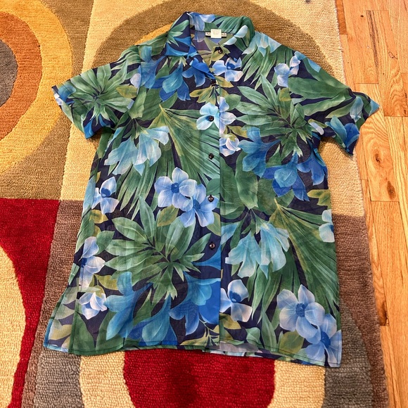 Notations Sheer Button Down Short Sleeve Tropical Print Hawaiian Shirt Women’s S - Picture 1 of 4